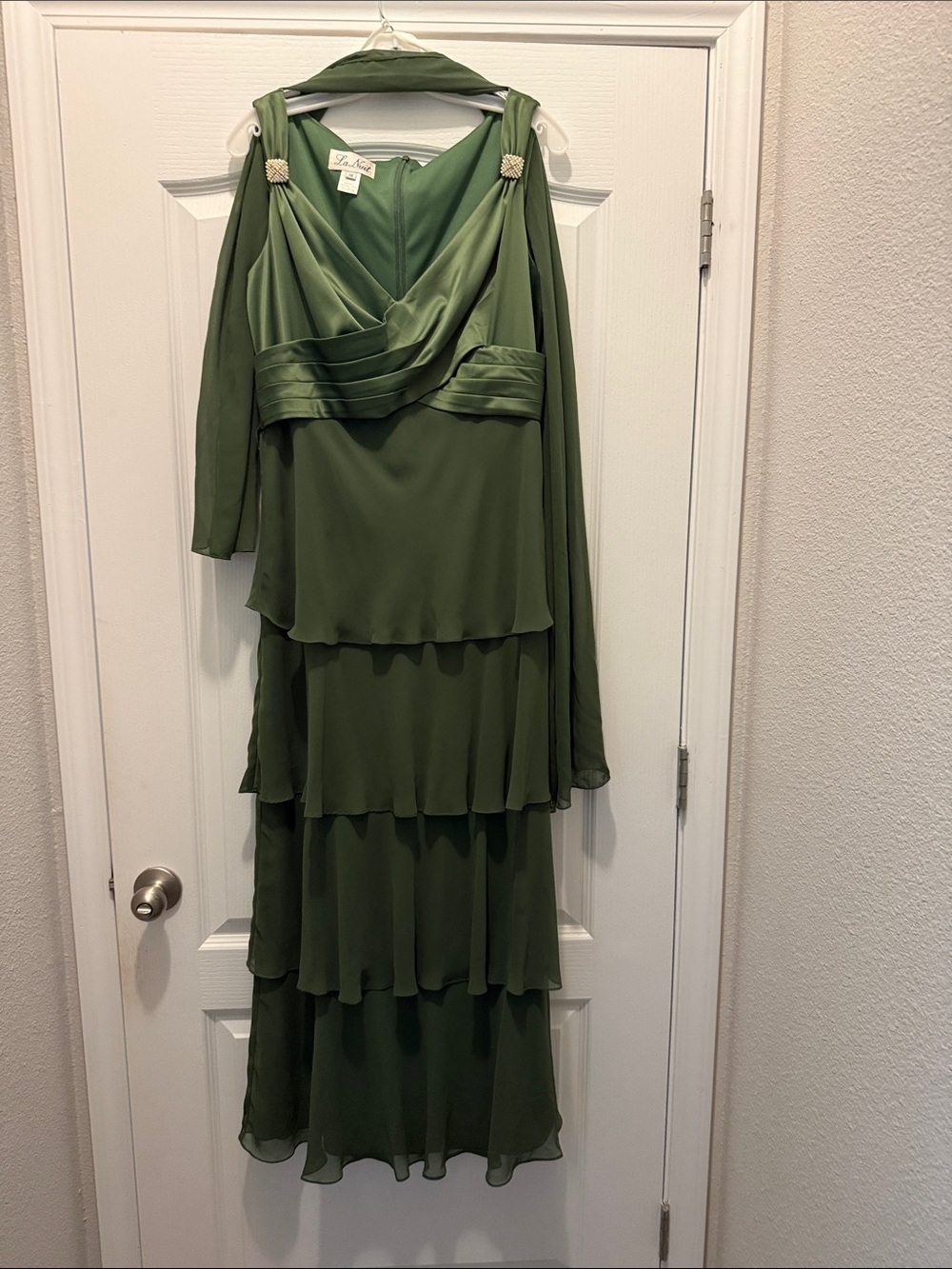 La Nuit Olive Green Tiered Chiffon Maxi Dress with Draped Bodice